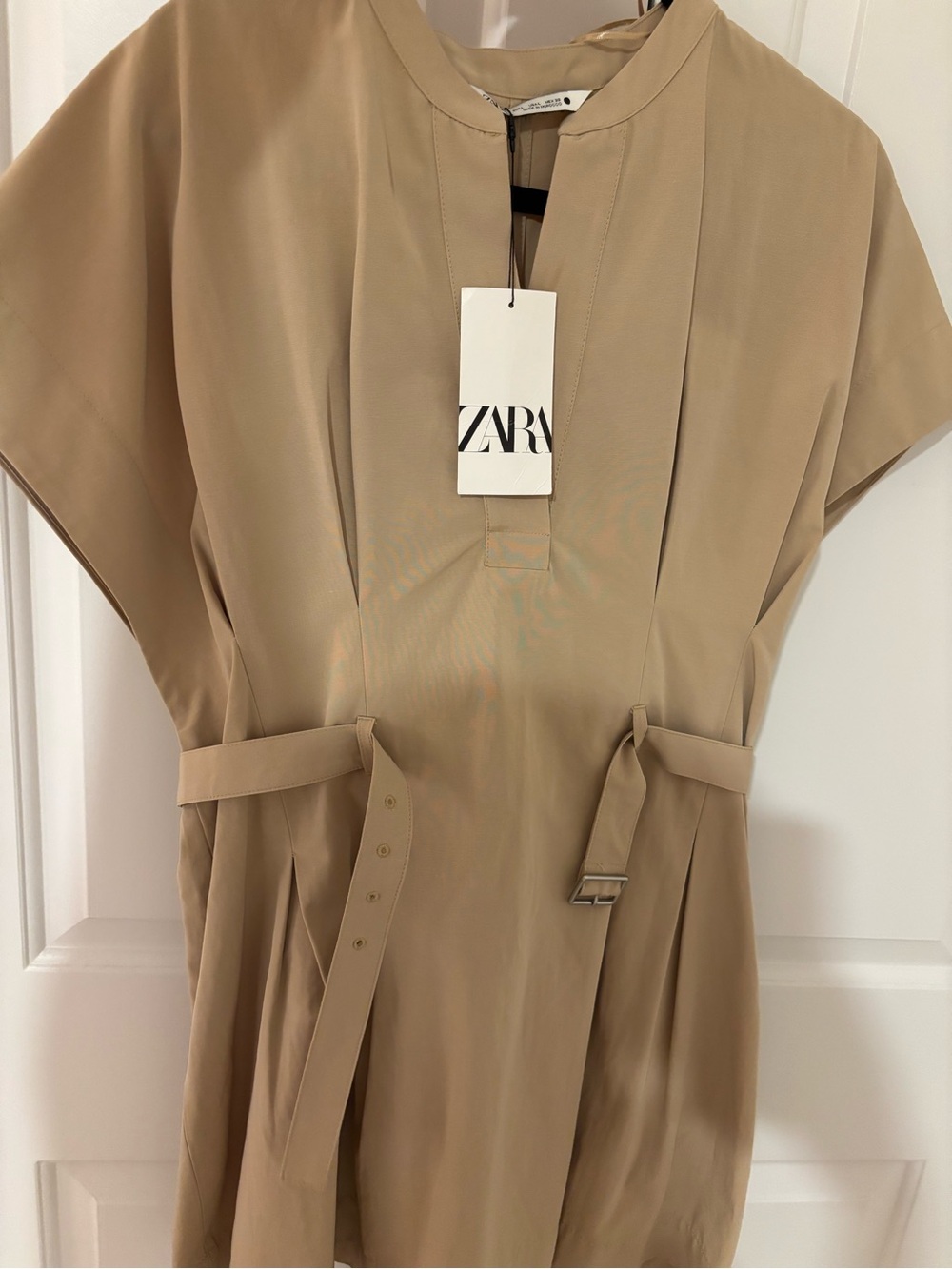 Zara Beige Tan Belted Short-Sleeve Dress